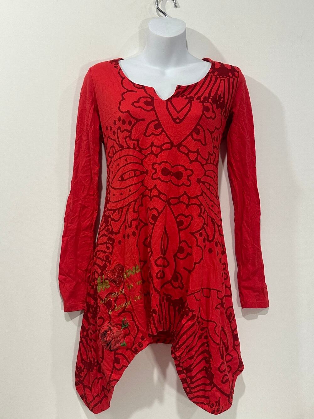 Vintage Desigual Red Mandala Floral Hanky Hem Long Sleeve Tunic Dress Medium